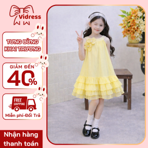 Váy bé gái xếp tầng màu vàng,vải voan mềm váy xòe xếp tầng, phù hợp đi tiệc, sinh nhật Vidress OH39